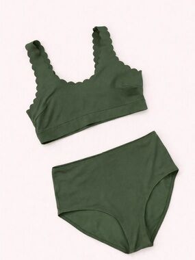 H&M Dusty Olive Green High Waisted Bikini Set with Scalloped Trim - plus size
